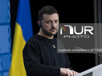 President of Ukraine Volodymyr Zelenskyy addresses a press conference during his visit at the European Council Summit, the EU leaders meetin...