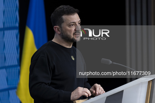 President of Ukraine Volodymyr Zelenskyy addresses a press conference during his visit at the European Council Summit, the EU leaders meetin...