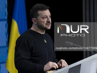 President of Ukraine Volodymyr Zelenskyy addresses a press conference during his visit at the European Council Summit, the EU leaders meetin...