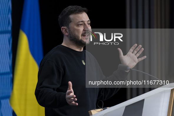 President of Ukraine Volodymyr Zelenskyy addresses a press conference during his visit at the European Council Summit, the EU leaders meetin...