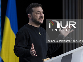 President of Ukraine Volodymyr Zelenskyy addresses a press conference during his visit at the European Council Summit, the EU leaders meetin...