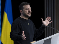 President of Ukraine Volodymyr Zelenskyy addresses a press conference during his visit at the European Council Summit, the EU leaders meetin...