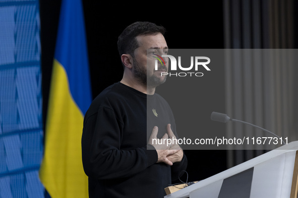 President of Ukraine Volodymyr Zelenskyy addresses a press conference during his visit at the European Council Summit, the EU leaders meetin...