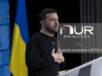 President of Ukraine Volodymyr Zelenskyy addresses a press conference during his visit at the European Council Summit, the EU leaders meetin...