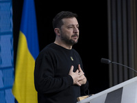 President of Ukraine Volodymyr Zelenskyy addresses a press conference during his visit at the European Council Summit, the EU leaders meetin...