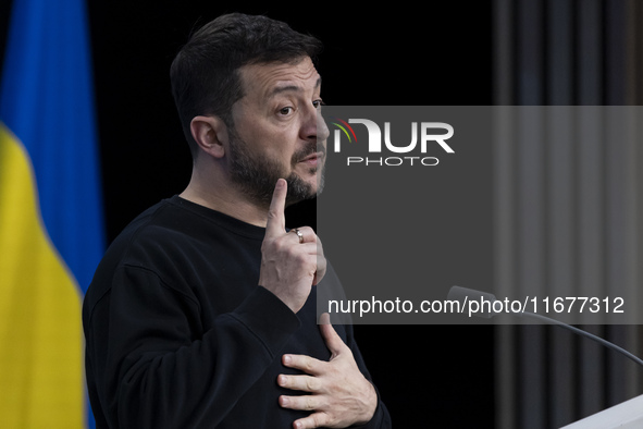 President of Ukraine Volodymyr Zelenskyy addresses a press conference during his visit at the European Council Summit, the EU leaders meetin...