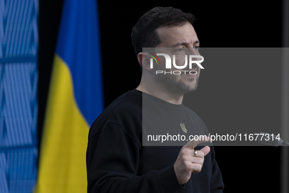 President of Ukraine Volodymyr Zelenskyy addresses a press conference during his visit at the European Council Summit, the EU leaders meetin...