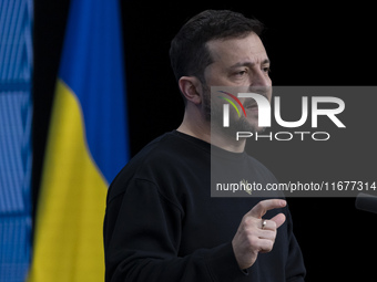 President of Ukraine Volodymyr Zelenskyy addresses a press conference during his visit at the European Council Summit, the EU leaders meetin...