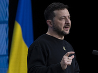 President of Ukraine Volodymyr Zelenskyy addresses a press conference during his visit at the European Council Summit, the EU leaders meetin...