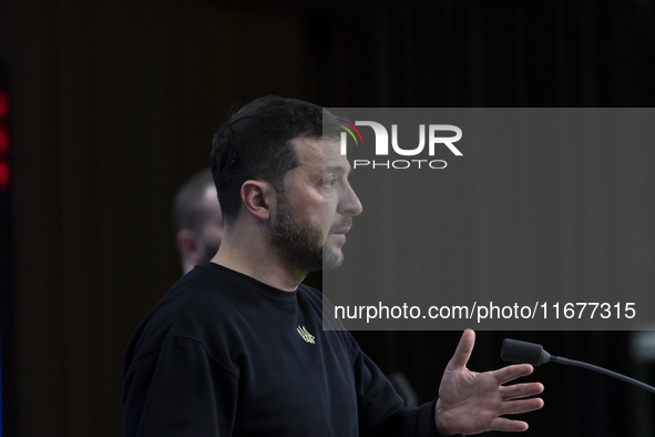 President of Ukraine Volodymyr Zelenskyy addresses a press conference during his visit at the European Council Summit, the EU leaders meetin...