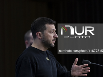 President of Ukraine Volodymyr Zelenskyy addresses a press conference during his visit at the European Council Summit, the EU leaders meetin...