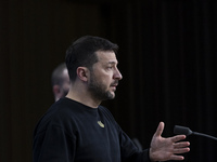 President of Ukraine Volodymyr Zelenskyy addresses a press conference during his visit at the European Council Summit, the EU leaders meetin...