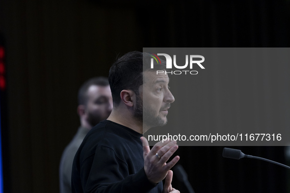 President of Ukraine Volodymyr Zelenskyy addresses a press conference during his visit at the European Council Summit, the EU leaders meetin...