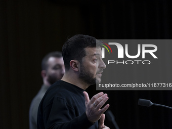 President of Ukraine Volodymyr Zelenskyy addresses a press conference during his visit at the European Council Summit, the EU leaders meetin...