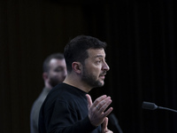 President of Ukraine Volodymyr Zelenskyy addresses a press conference during his visit at the European Council Summit, the EU leaders meetin...