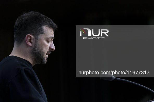 President of Ukraine Volodymyr Zelenskyy addresses a press conference during his visit at the European Council Summit, the EU leaders meetin...