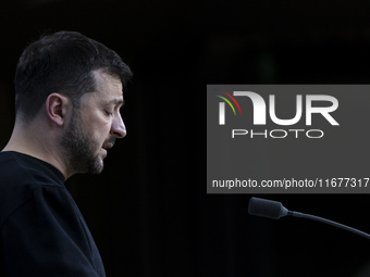 President of Ukraine Volodymyr Zelenskyy addresses a press conference during his visit at the European Council Summit, the EU leaders meetin...