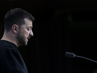 President of Ukraine Volodymyr Zelenskyy addresses a press conference during his visit at the European Council Summit, the EU leaders meetin...