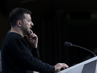 President of Ukraine Volodymyr Zelenskyy addresses a press conference during his visit at the European Council Summit, the EU leaders meetin...