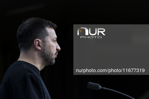 President of Ukraine Volodymyr Zelenskyy addresses a press conference during his visit at the European Council Summit, the EU leaders meetin...