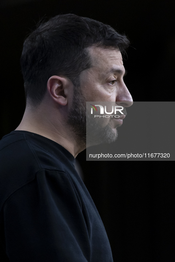 President of Ukraine Volodymyr Zelenskyy addresses a press conference during his visit at the European Council Summit, the EU leaders meetin...