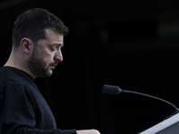 President of Ukraine Volodymyr Zelenskyy addresses a press conference during his visit at the European Council Summit, the EU leaders meetin...