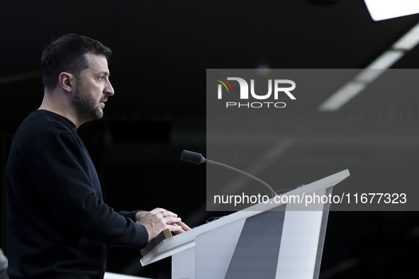 President of Ukraine Volodymyr Zelenskyy addresses a press conference during his visit at the European Council Summit, the EU leaders meetin...