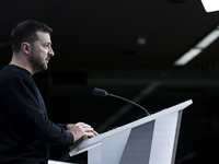 President of Ukraine Volodymyr Zelenskyy addresses a press conference during his visit at the European Council Summit, the EU leaders meetin...