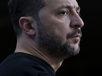 President of Ukraine Volodymyr Zelenskyy addresses a press conference during his visit at the European Council Summit, the EU leaders meetin...