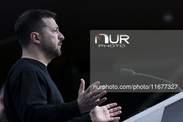 President of Ukraine Volodymyr Zelenskyy addresses a press conference during his visit at the European Council Summit, the EU leaders meetin...