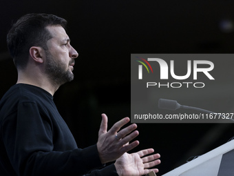 President of Ukraine Volodymyr Zelenskyy addresses a press conference during his visit at the European Council Summit, the EU leaders meetin...