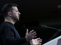 President of Ukraine Volodymyr Zelenskyy addresses a press conference during his visit at the European Council Summit, the EU leaders meetin...