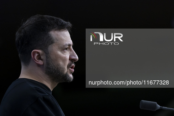 President of Ukraine Volodymyr Zelenskyy addresses a press conference during his visit at the European Council Summit, the EU leaders meetin...