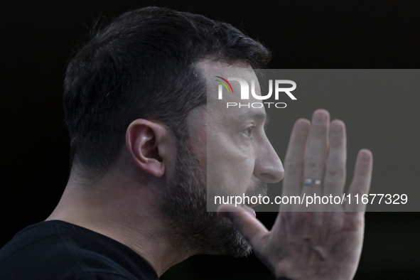 President of Ukraine Volodymyr Zelenskyy addresses a press conference during his visit at the European Council Summit, the EU leaders meetin...