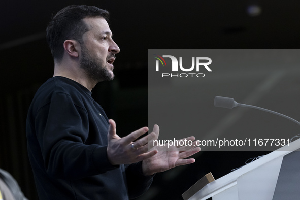 President of Ukraine Volodymyr Zelenskyy addresses a press conference during his visit at the European Council Summit, the EU leaders meetin...