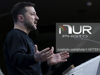 President of Ukraine Volodymyr Zelenskyy addresses a press conference during his visit at the European Council Summit, the EU leaders meetin...