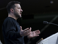 President of Ukraine Volodymyr Zelenskyy addresses a press conference during his visit at the European Council Summit, the EU leaders meetin...