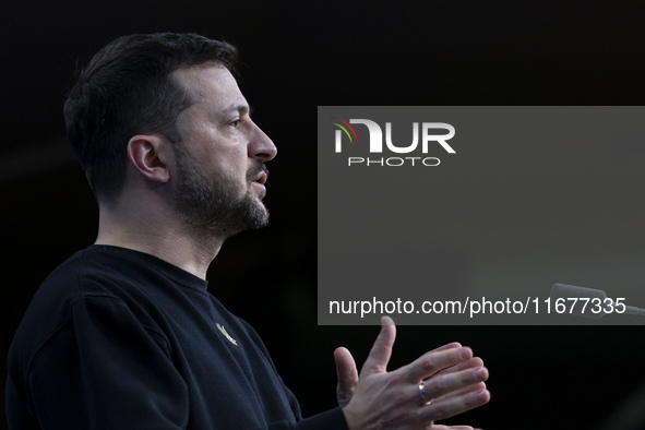 President of Ukraine Volodymyr Zelenskyy addresses a press conference during his visit at the European Council Summit, the EU leaders meetin...