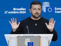 President of Ukraine Volodymyr Zelenskyy addresses a press conference during his visit at the European Council Summit, the EU leaders meetin...