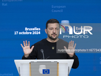 President of Ukraine Volodymyr Zelenskyy addresses a press conference during his visit at the European Council Summit, the EU leaders meetin...