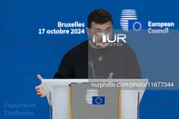 President of Ukraine Volodymyr Zelenskyy addresses a press conference during his visit at the European Council Summit, the EU leaders meetin...