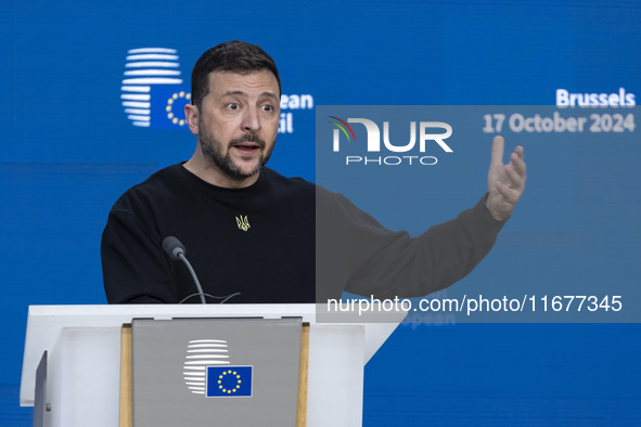 President of Ukraine Volodymyr Zelenskyy addresses a press conference during his visit at the European Council Summit, the EU leaders meetin...