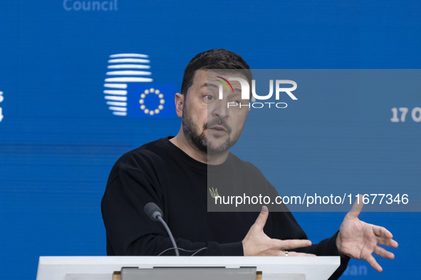 President of Ukraine Volodymyr Zelenskyy addresses a press conference during his visit at the European Council Summit, the EU leaders meetin...