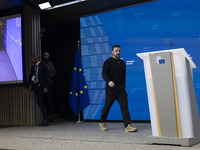 President of Ukraine Volodymyr Zelenskyy addresses a press conference during his visit at the European Council Summit, the EU leaders meetin...