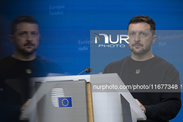 President of Ukraine Volodymyr Zelenskyy addresses a press conference during his visit at the European Council Summit, the EU leaders meetin...