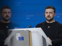 President of Ukraine Volodymyr Zelenskyy addresses a press conference during his visit at the European Council Summit, the EU leaders meetin...