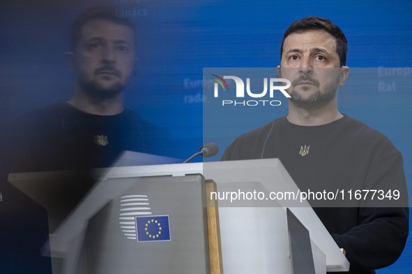 President of Ukraine Volodymyr Zelenskyy addresses a press conference during his visit at the European Council Summit, the EU leaders meetin...