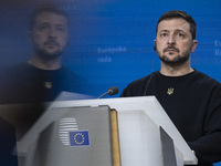 President of Ukraine Volodymyr Zelenskyy addresses a press conference during his visit at the European Council Summit, the EU leaders meetin...