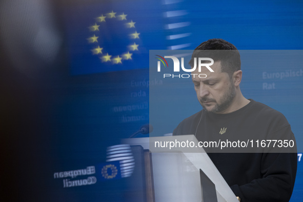 President of Ukraine Volodymyr Zelenskyy addresses a press conference during his visit at the European Council Summit, the EU leaders meetin...