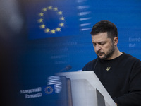 President of Ukraine Volodymyr Zelenskyy addresses a press conference during his visit at the European Council Summit, the EU leaders meetin...